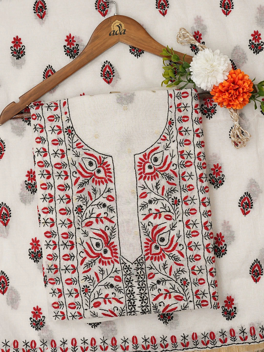 Ada Hand Embroidered White Chanderi Lucknowi Chikankari Unstitched Kurta Dupatta Set 01A712502