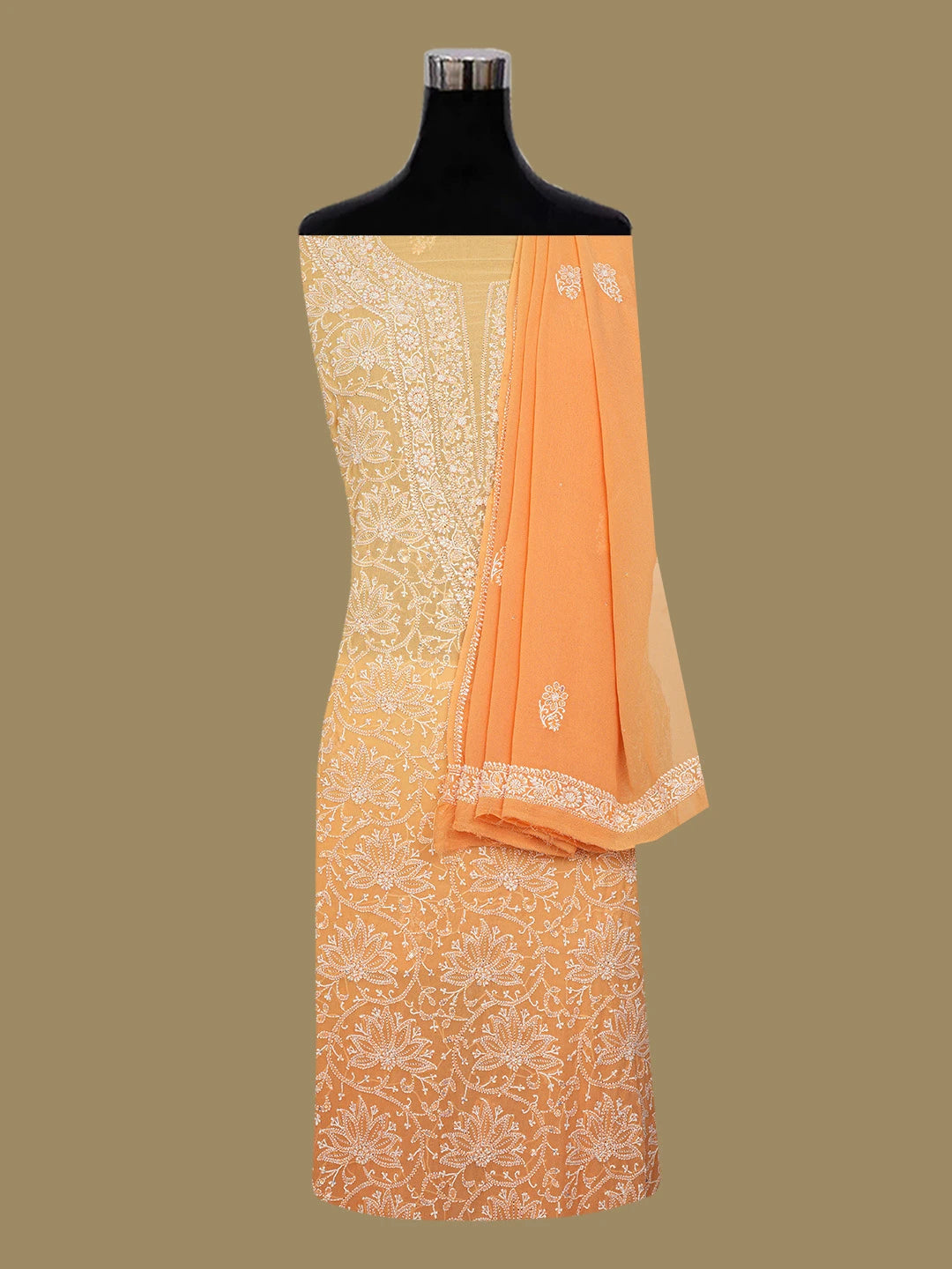 Ada Hand Embroidered Orange Pure Georgette Lucknowi Chikankari Unstitched Kurta Dupatta Set With Cutdana Work 01A653421