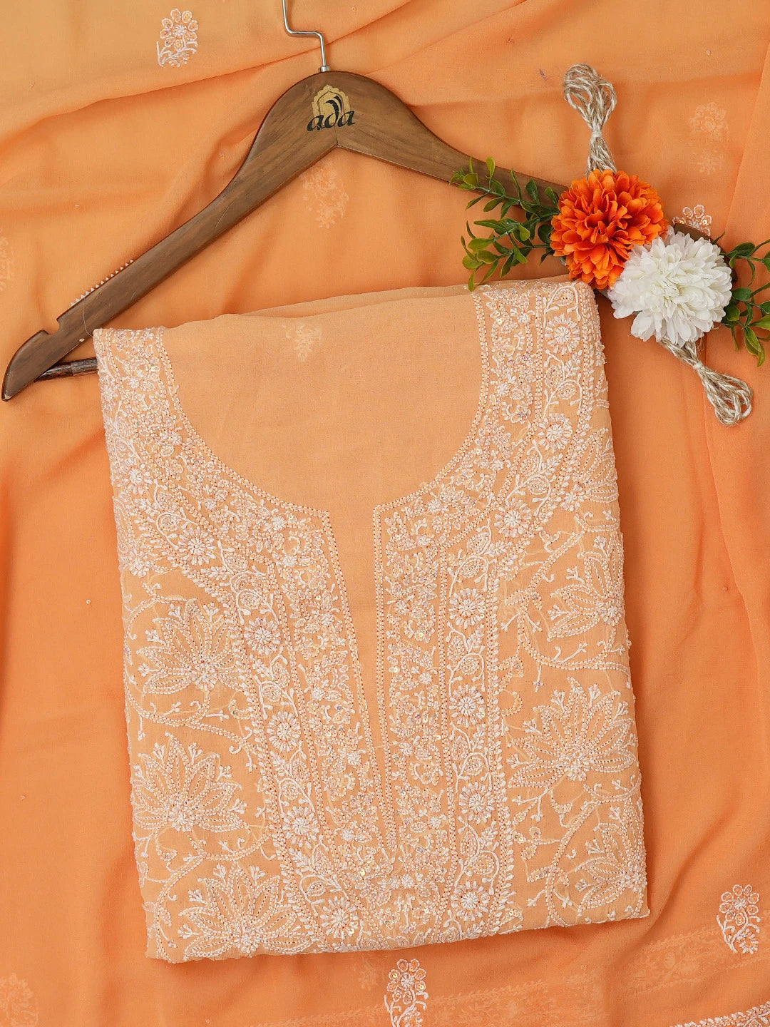 Ada Hand Embroidered Orange Pure Georgette Lucknowi Chikankari Unstitched Kurta Dupatta Set With Cutdana Work 01A653421