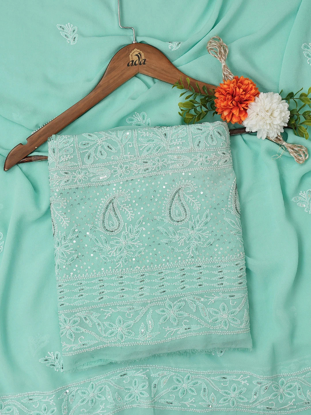 Ada Hand Embroidered Sea Green Pure Georgette Lucknowi Chikankari Unstitched Kurta Dupatta Set With Cutdana Work 01A250909