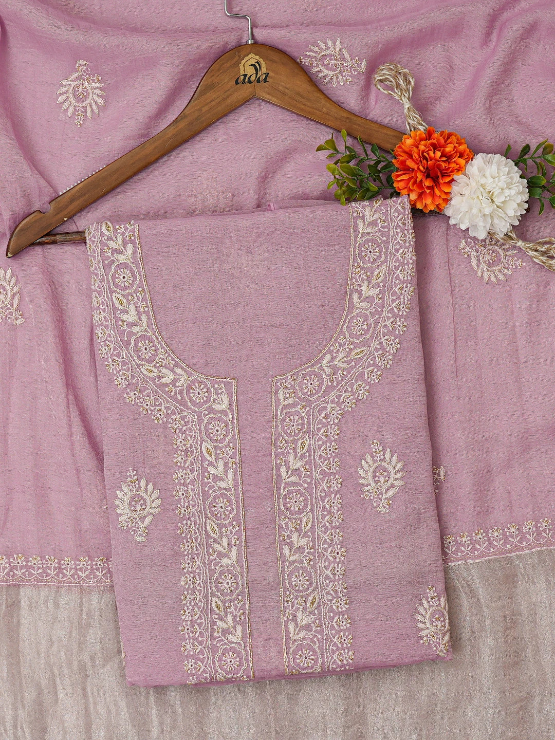 Ada Hand Embroidered Lavender Tissue Lucknowi Chikankari Unstitched Kurta Dupatta Set With Cutdana Work 01A614852