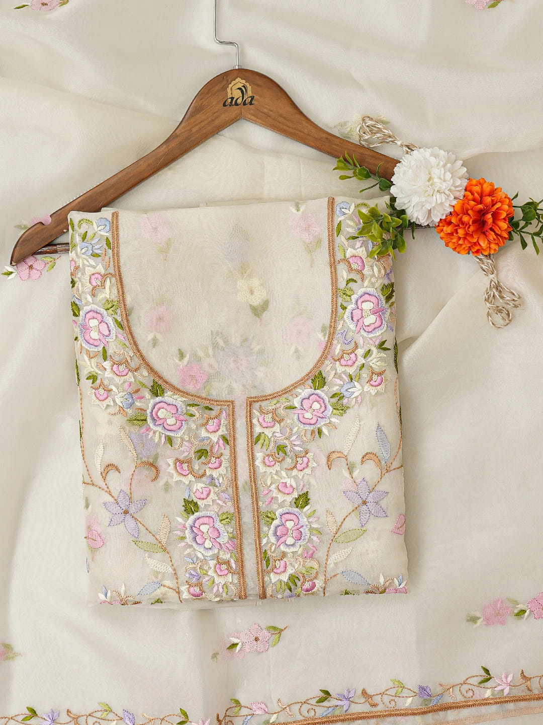 Ada Hand Embroidered White Organza Lucknowi Chikankari Unstitched Kurta Dupatta Set With Parsi Work 01A700375