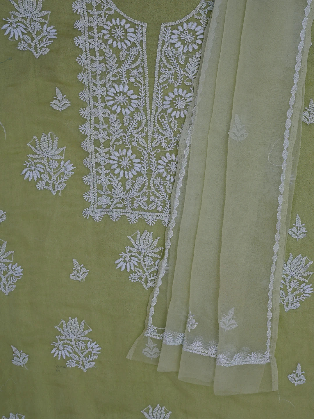 Ada Hand Embroidered Celedon Green Organza Lucknowi Chikankari Unstitched Kurta Dupatta Set 01A705690