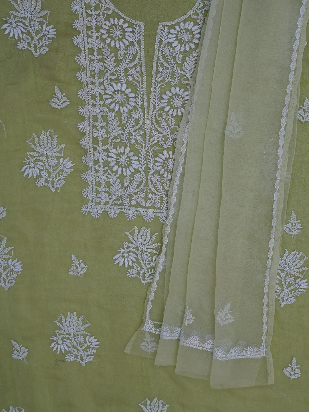 Ada Hand Embroidered Celedon Green Organza Lucknowi Chikankari Unstitched Kurta Dupatta Set 01A705690
