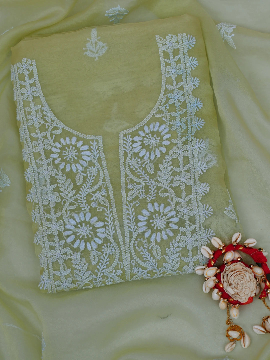 Ada Hand Embroidered Celedon Green Organza Lucknowi Chikankari Unstitched Kurta Dupatta Set 01A705690