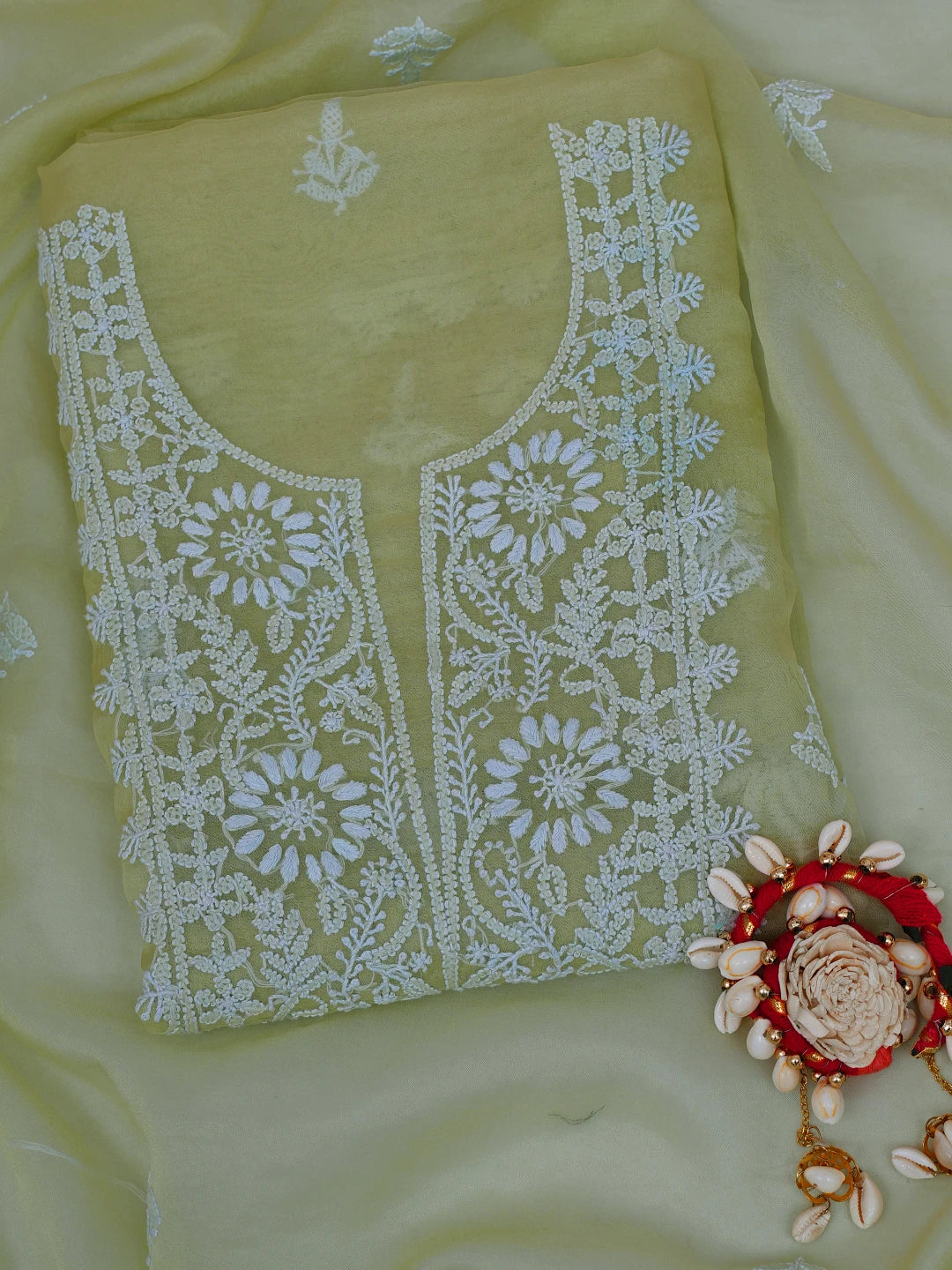 Ada Hand Embroidered Celedon Green Organza Lucknowi Chikankari Unstitched Kurta Dupatta Set 01A705690