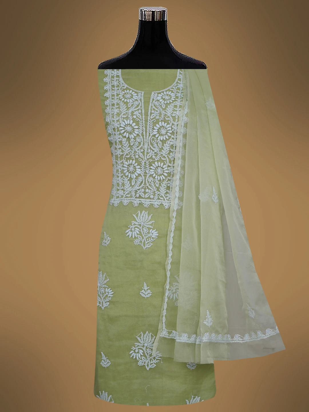 Ada Hand Embroidered Celedon Green Organza Lucknowi Chikankari Unstitched Kurta Dupatta Set 01A705690