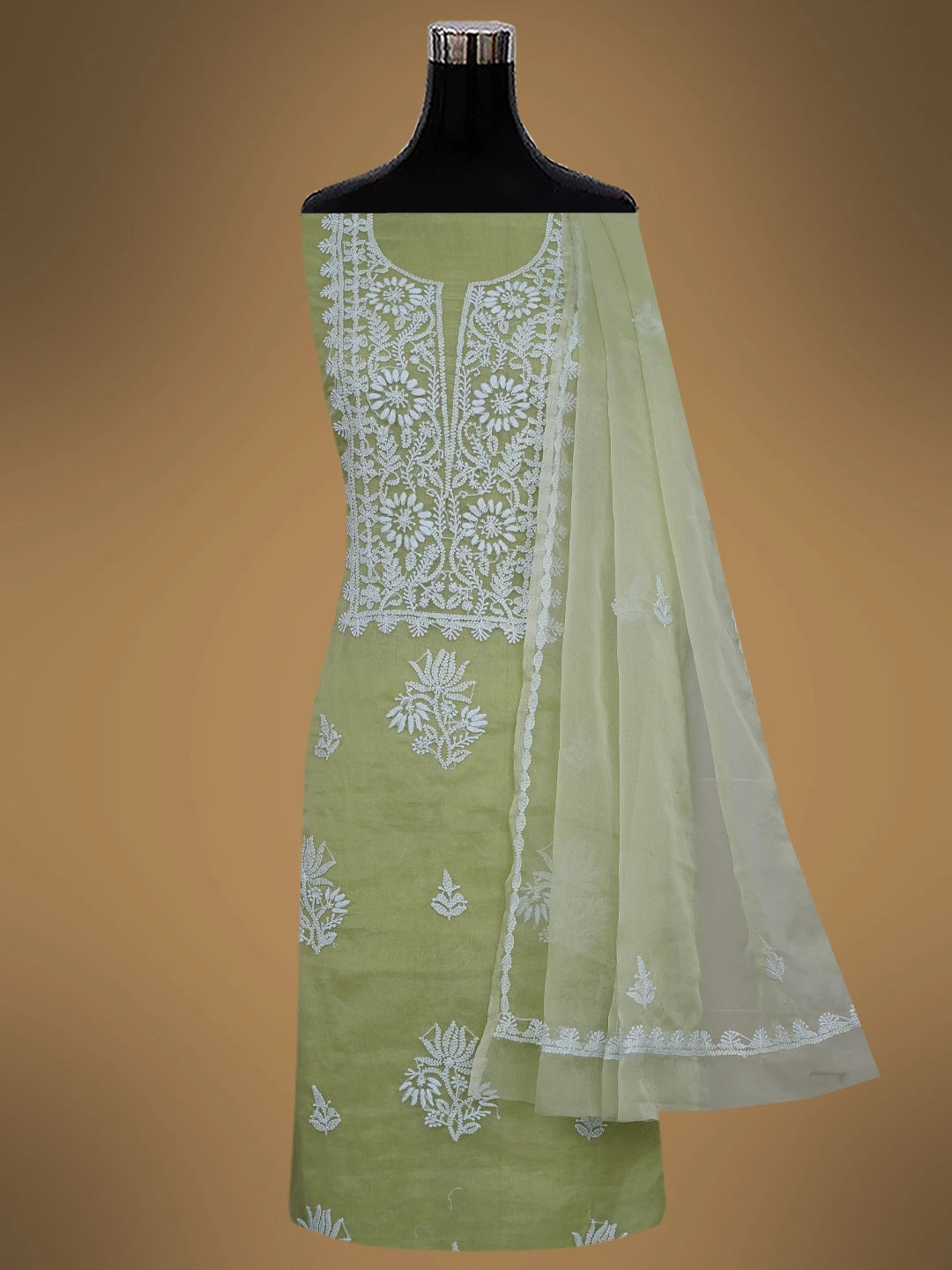 Ada Hand Embroidered Celedon Green Organza Lucknowi Chikankari Unstitched Kurta Dupatta Set 01A705690