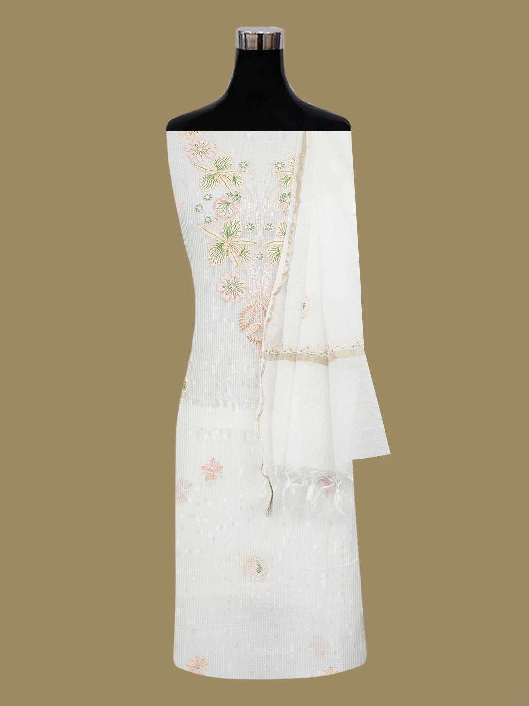 Ada Hand Embroidered White Chanderi Lucknowi Chikankari Unstitched Kurta Dupatta Set With Cutdana Work 01A690221