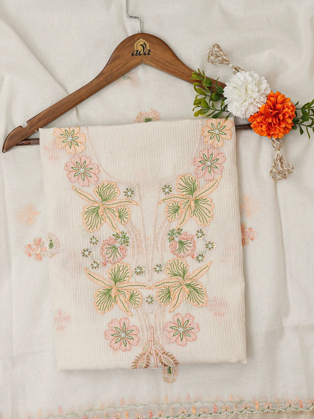 Ada Hand Embroidered White Chanderi Lucknowi Chikankari Unstitched Kurta Dupatta Set With Cutdana Work 01A690221