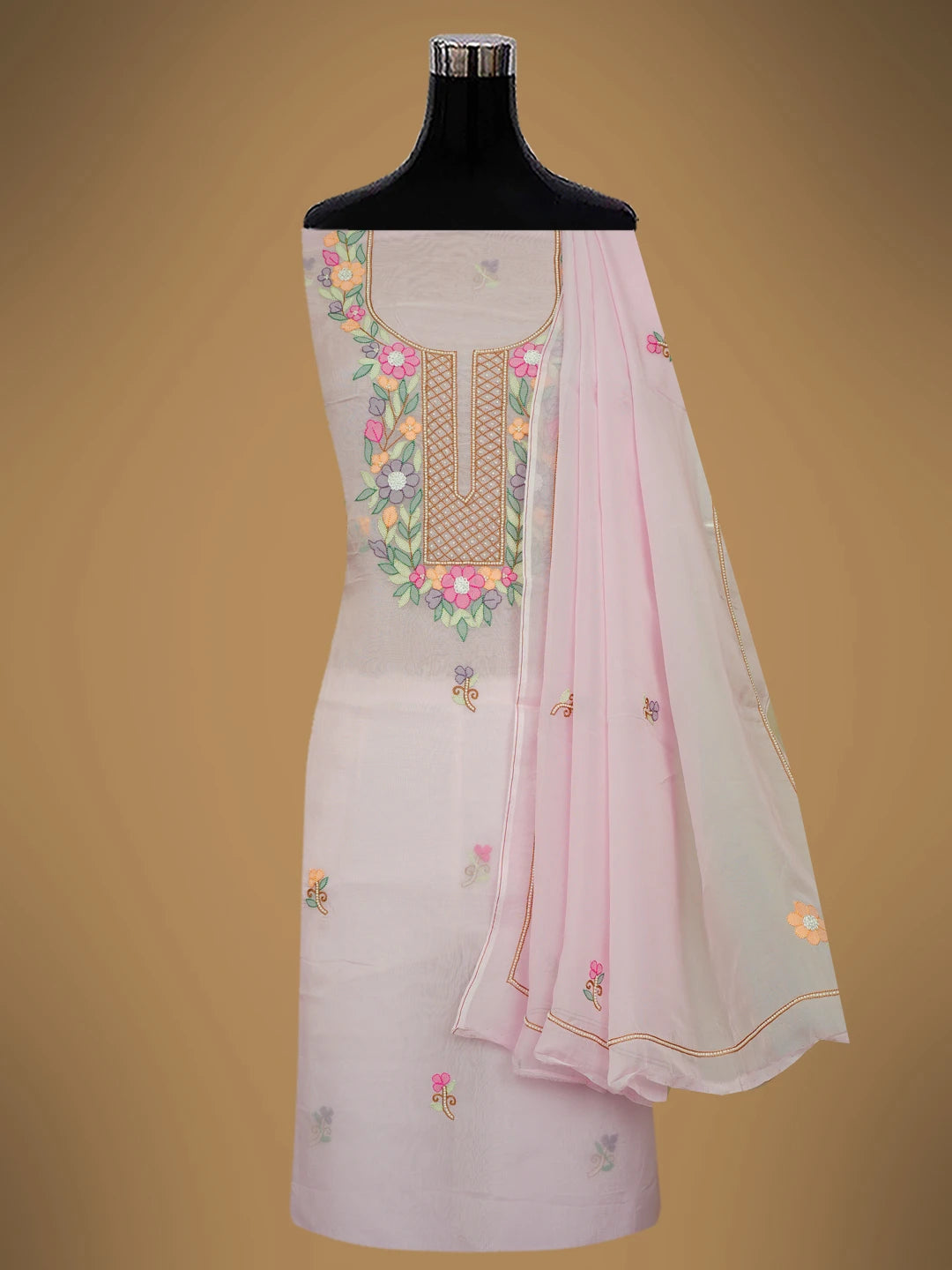 Ada Hand Embroidered Pink Organza Lucknowi Chikankari Unstitched Kurta Dupatta Set With Parsi Work 01A702345