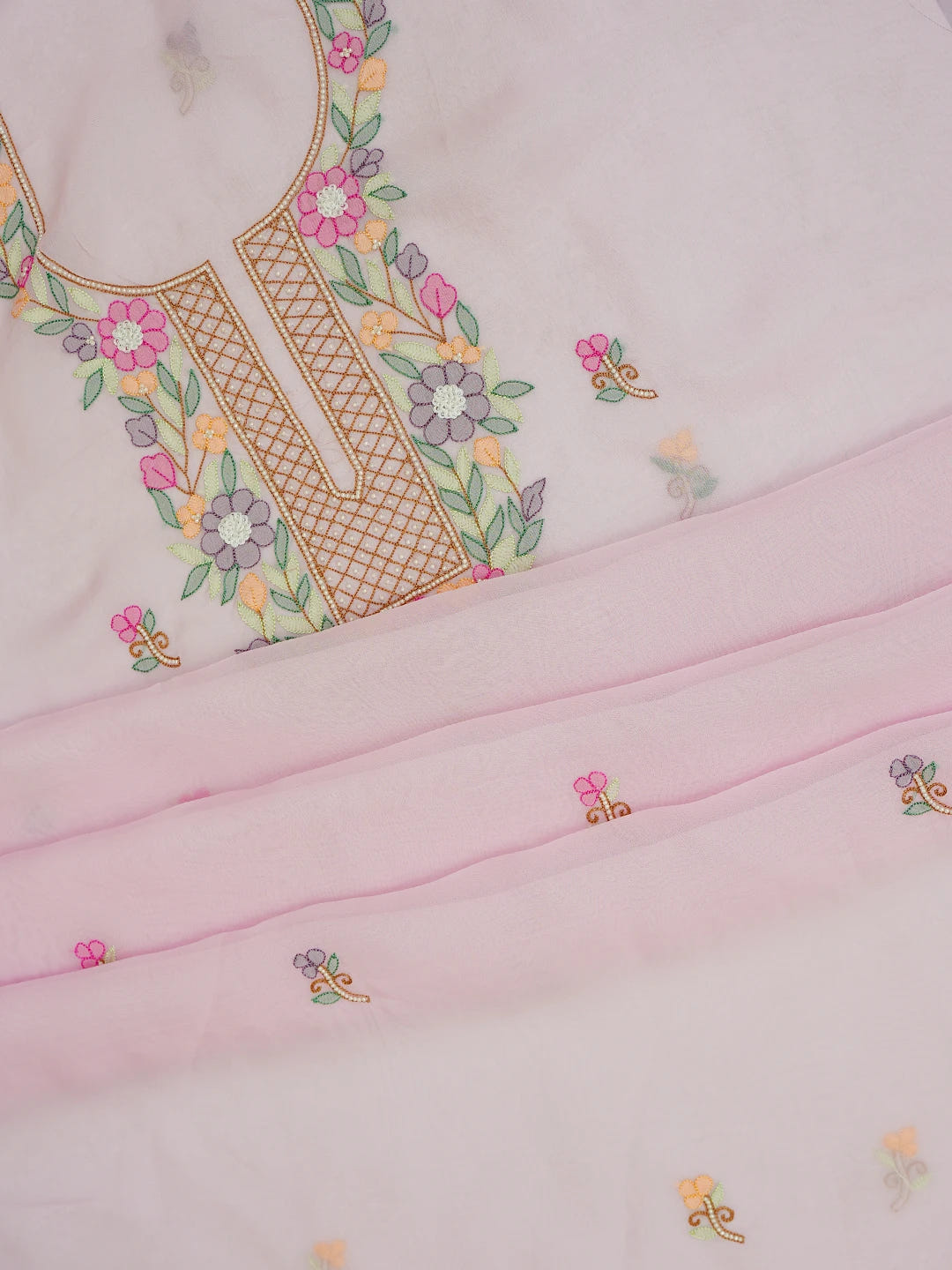 Ada Hand Embroidered Pink Organza Lucknowi Chikankari Unstitched Kurta Dupatta Set With Parsi Work 01A702345