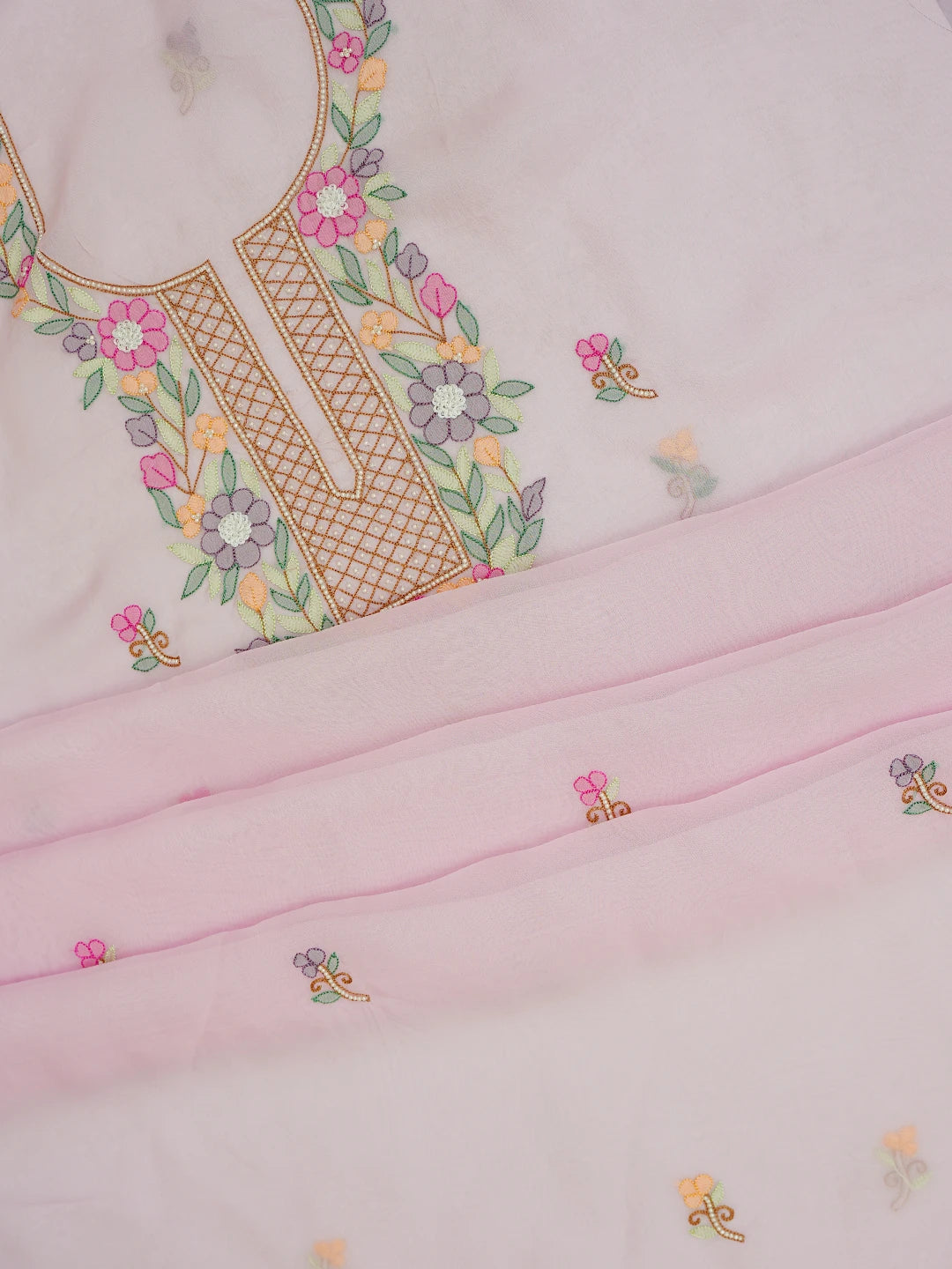 Ada Hand Embroidered Pink Organza Lucknowi Chikankari Unstitched Kurta Dupatta Set With Parsi Work 01A702345
