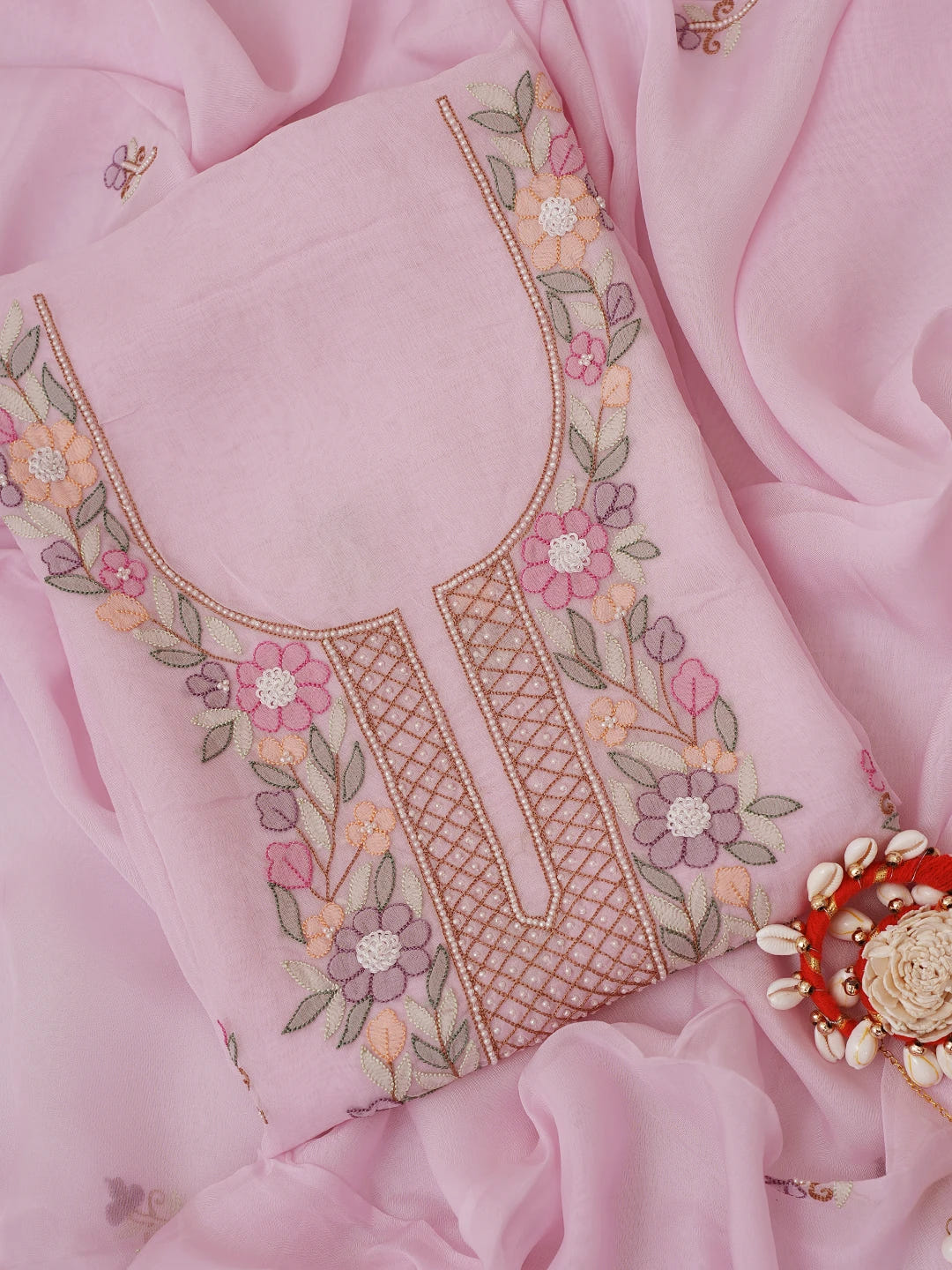 Ada Hand Embroidered Pink Organza Lucknowi Chikankari Unstitched Kurta Dupatta Set With Parsi Work 01A702345