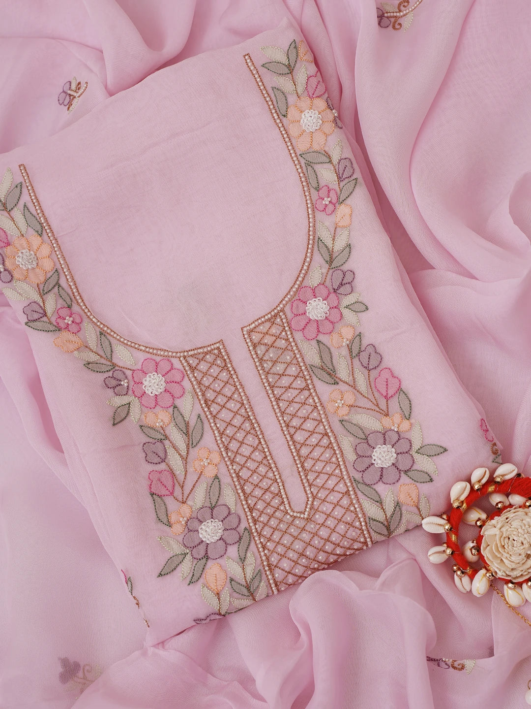 Ada Hand Embroidered Pink Organza Lucknowi Chikankari Unstitched Kurta Dupatta Set With Parsi Work 01A702345