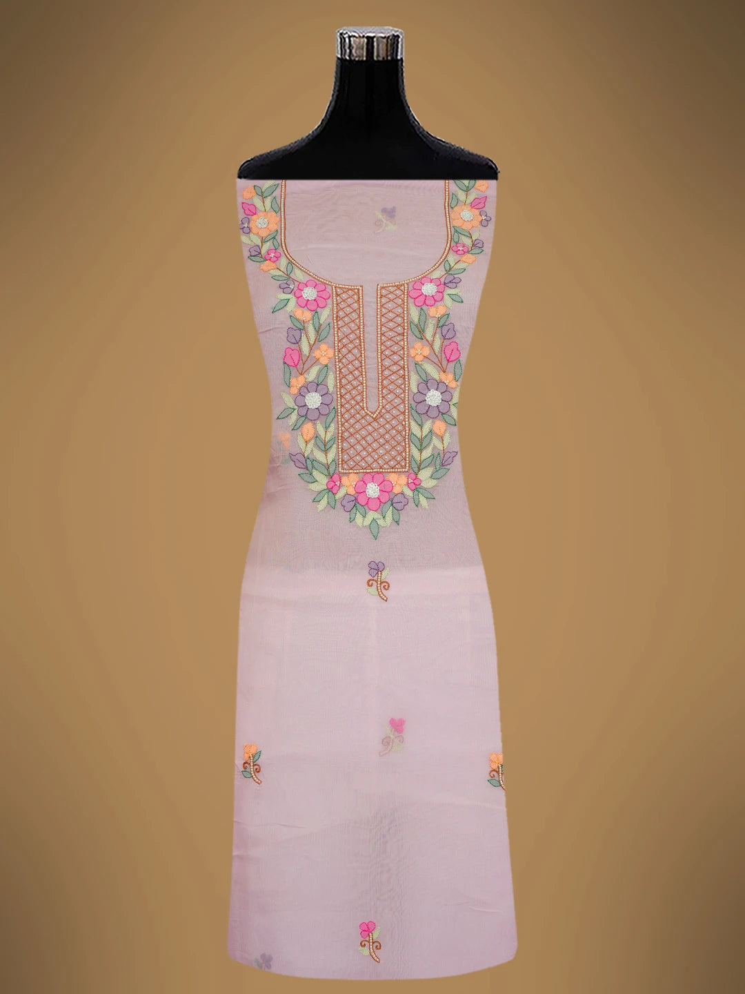 Ada Hand Embroidered Pink Organza Lucknowi Chikankari Unstitched Kurta Dupatta Set With Parsi Work 01A702345