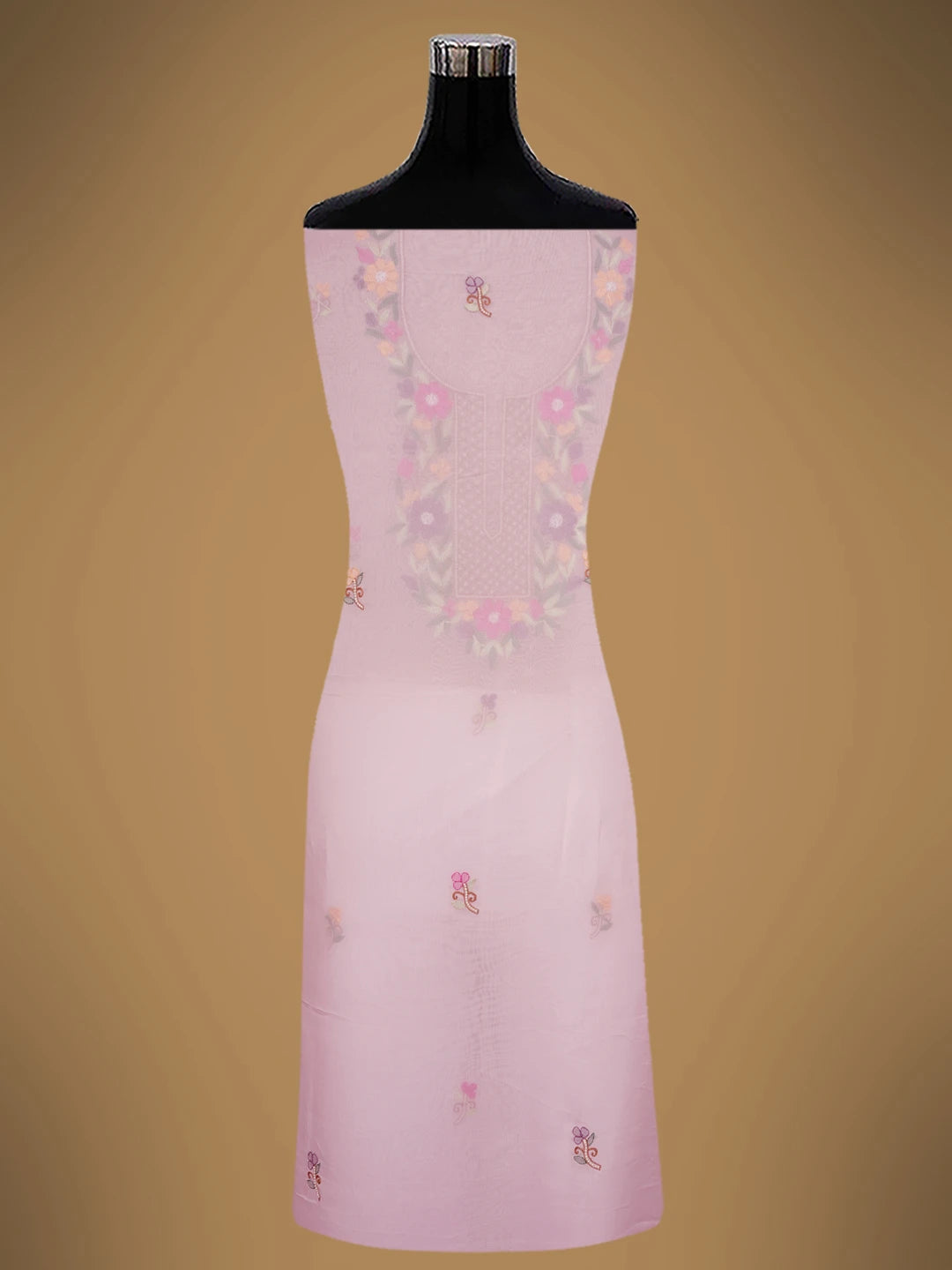 Ada Hand Embroidered Pink Organza Lucknowi Chikankari Unstitched Kurta Dupatta Set With Parsi Work 01A702345