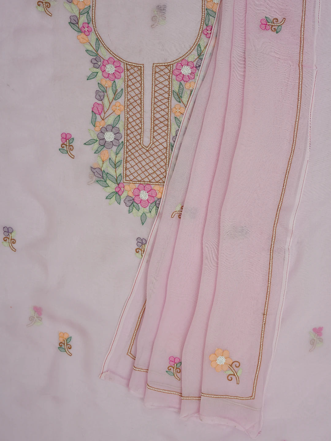 Ada Hand Embroidered Pink Organza Lucknowi Chikankari Unstitched Kurta Dupatta Set With Parsi Work 01A702345