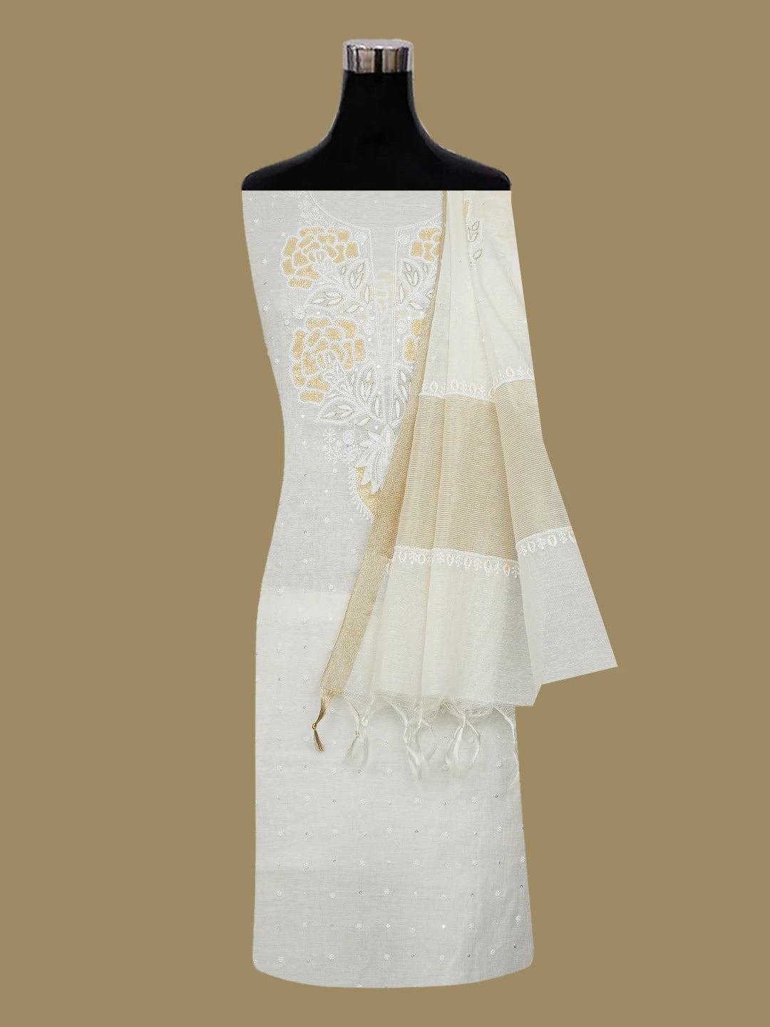 Ada Hand Embroidered Ivory White Chanderi Lucknowi Chikankari Unstitched Kurta Dupatta Set With Pearl Work 01A659377