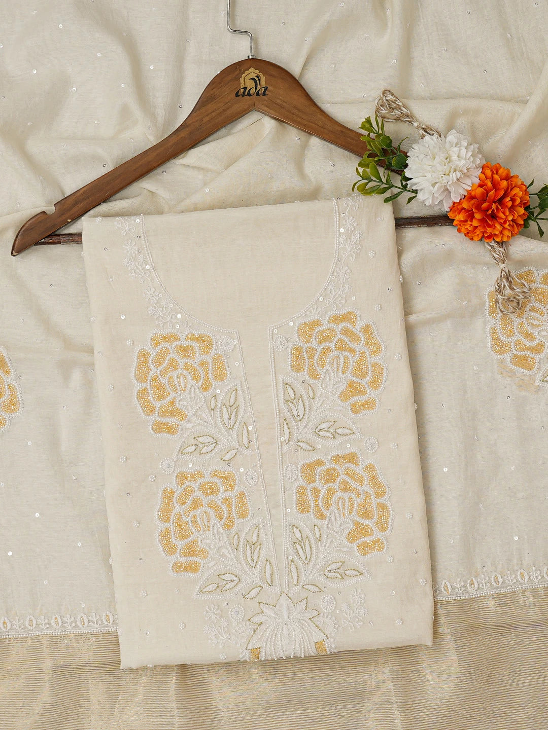 Ada Hand Embroidered Ivory White Chanderi Lucknowi Chikankari Unstitched Kurta Dupatta Set With Pearl Work 01A659377