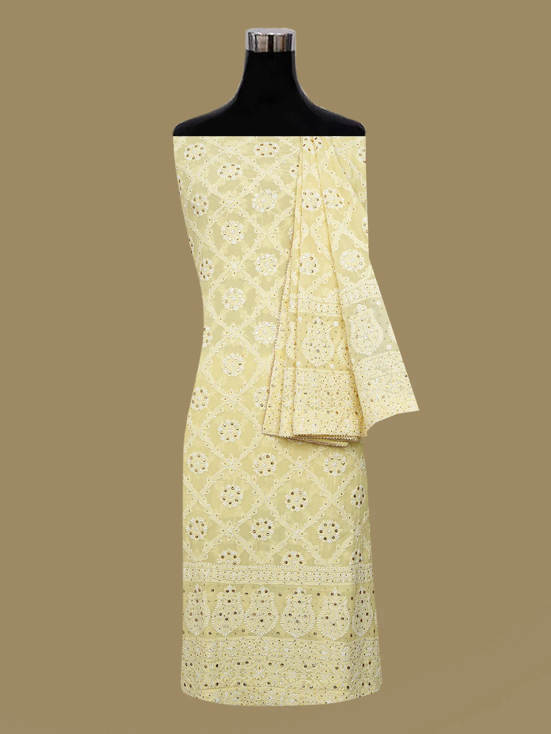 Ada Hand Embroidered Lemon Yellow Pure Georgette Lucknowi Chikankari Unstitched Kurta Dupatta Set With Mukaish Work 01A640995
