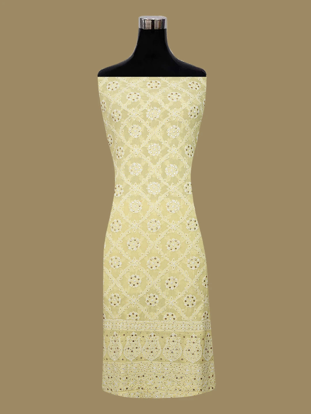 Ada Hand Embroidered Lemon Yellow Pure Georgette Lucknowi Chikankari Unstitched Kurta Dupatta Set With Mukaish Work 01A640995