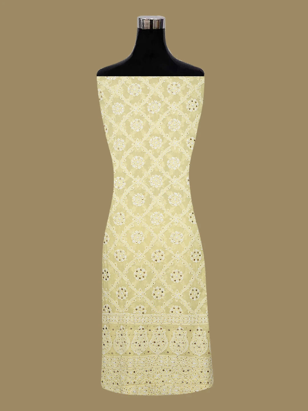 Ada Hand Embroidered Lemon Yellow Pure Georgette Lucknowi Chikankari Unstitched Kurta Dupatta Set With Mukaish Work 01A640995
