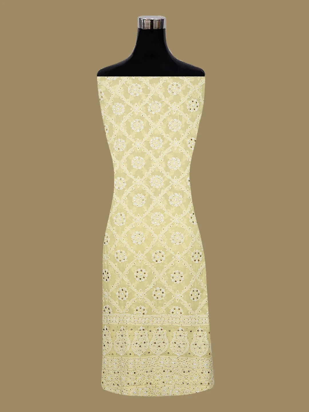 Ada Hand Embroidered Lemon Yellow Pure Georgette Lucknowi Chikankari Unstitched Kurta Dupatta Set With Mukaish Work 01A640995