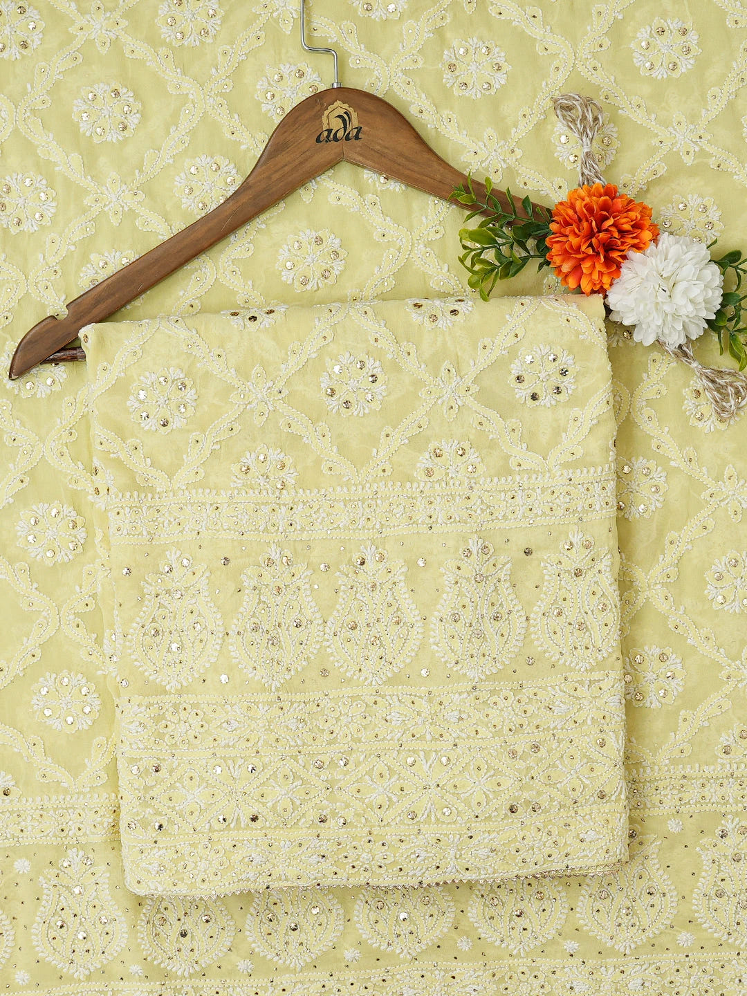 Ada Hand Embroidered Lemon Yellow Pure Georgette Lucknowi Chikankari Unstitched Kurta Dupatta Set With Mukaish Work 01A640995