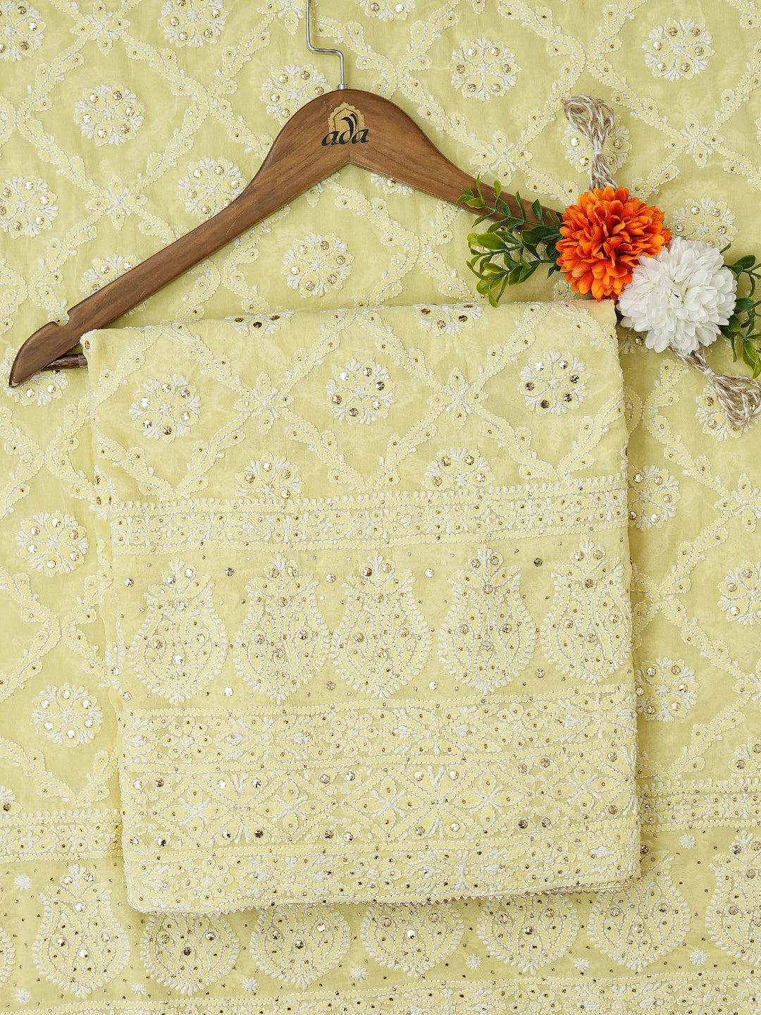 Ada Hand Embroidered Lemon Yellow Pure Georgette Lucknowi Chikankari Unstitched Kurta Dupatta Set With Mukaish Work 01A640995