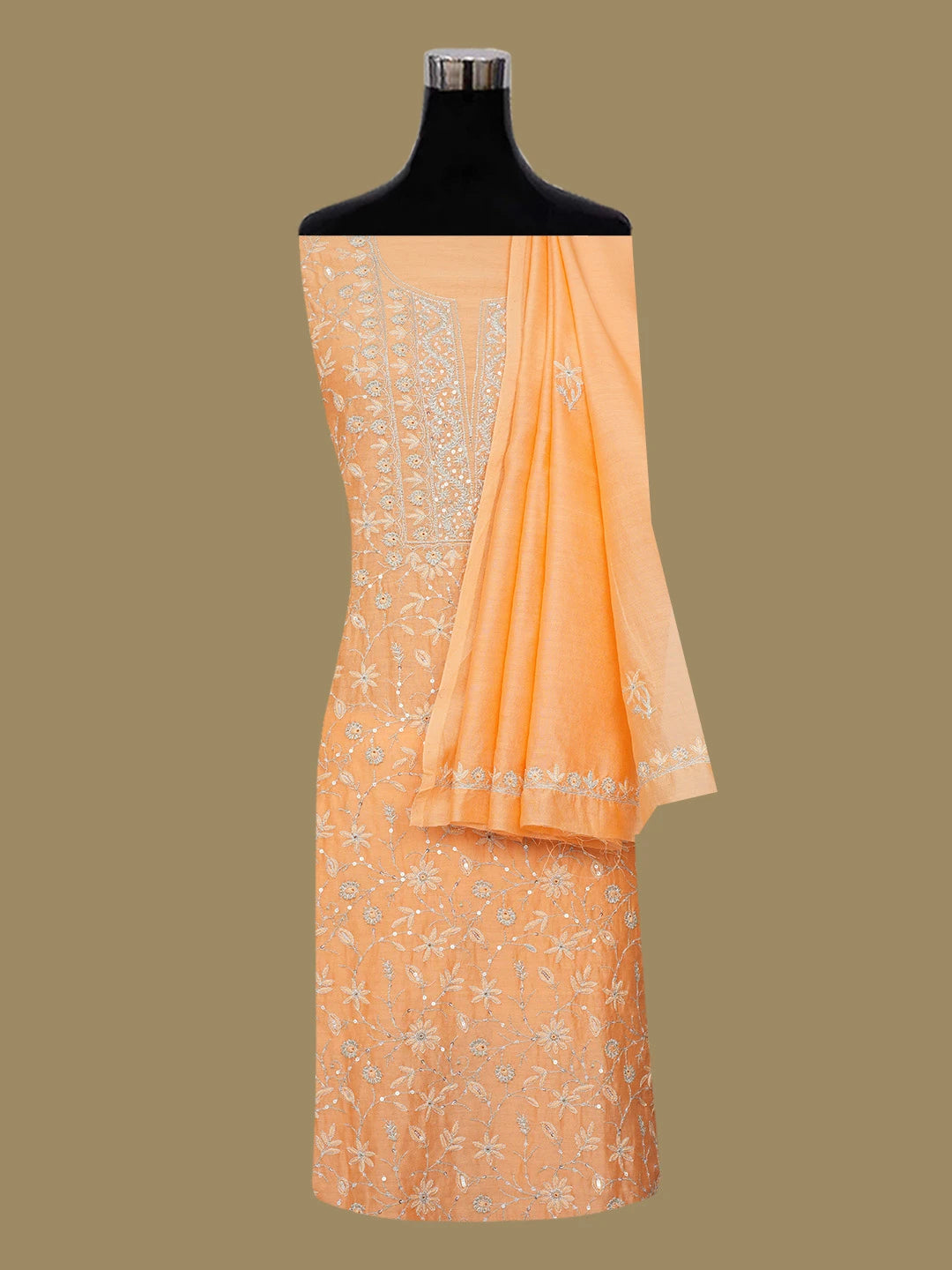 Ada Hand Embroidered Atomic Tangerine Orange Chanderi Lucknowi Chikankari Unstitched Kurta Dupatta Set With Sequinned Work 01A483233