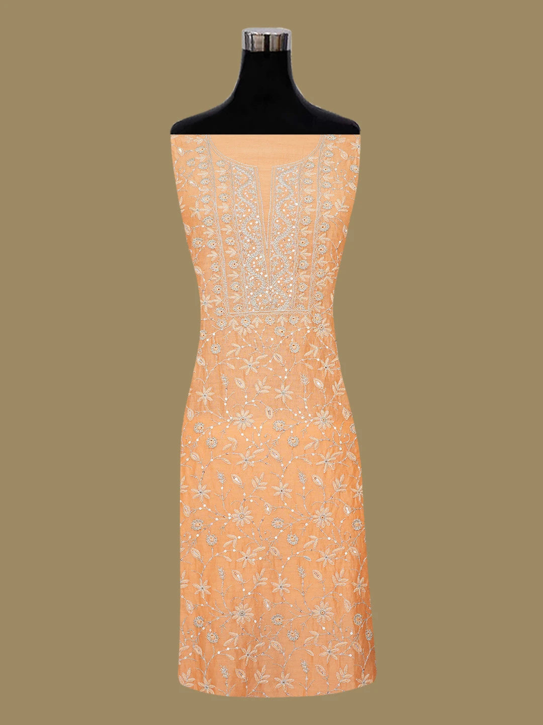 Ada Hand Embroidered Atomic Tangerine Orange Chanderi Lucknowi Chikankari Unstitched Kurta Dupatta Set With Sequinned Work 01A483233