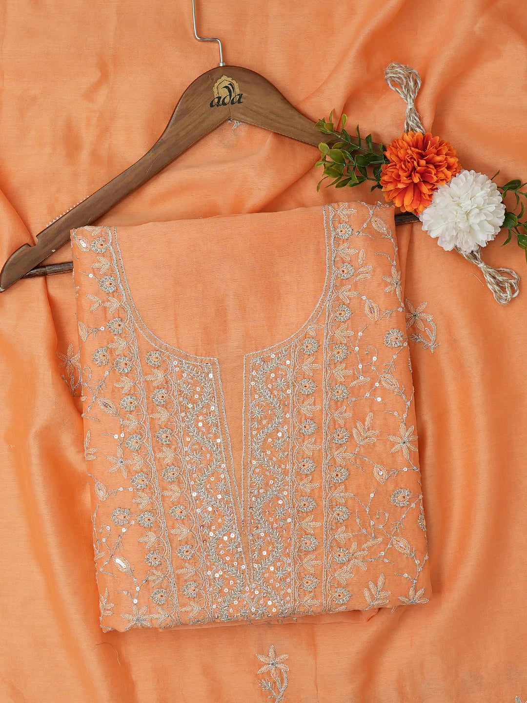 Ada Hand Embroidered Atomic Tangerine Orange Chanderi Lucknowi Chikankari Unstitched Kurta Dupatta Set With Sequinned Work 01A483233