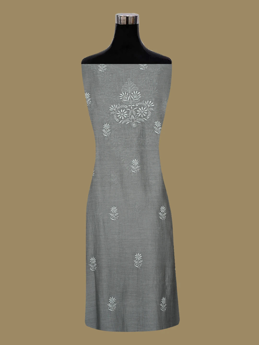 Ada Hand Embroidered Pyne's Gray Chanderi Lucknowi Chikankari Unstitched Kurta Dupatta Set 01A695074
