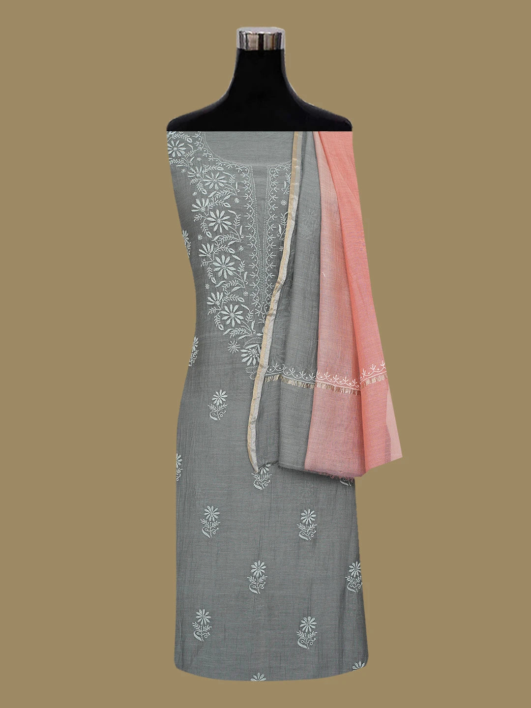 Ada Hand Embroidered Pyne's Gray Chanderi Lucknowi Chikankari Unstitched Kurta Dupatta Set 01A695074