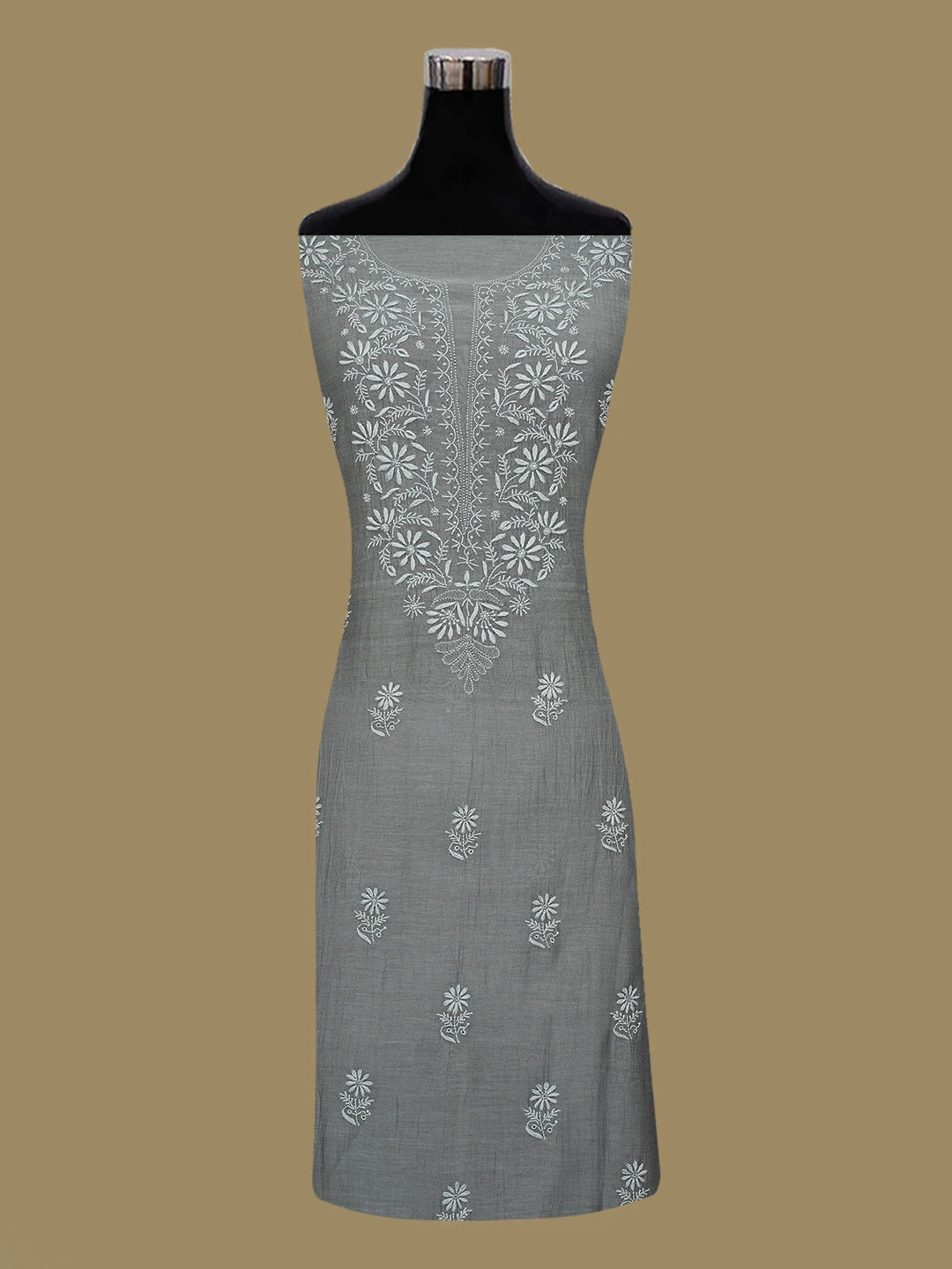 Ada Hand Embroidered Pyne's Gray Chanderi Lucknowi Chikankari Unstitched Kurta Dupatta Set 01A695074