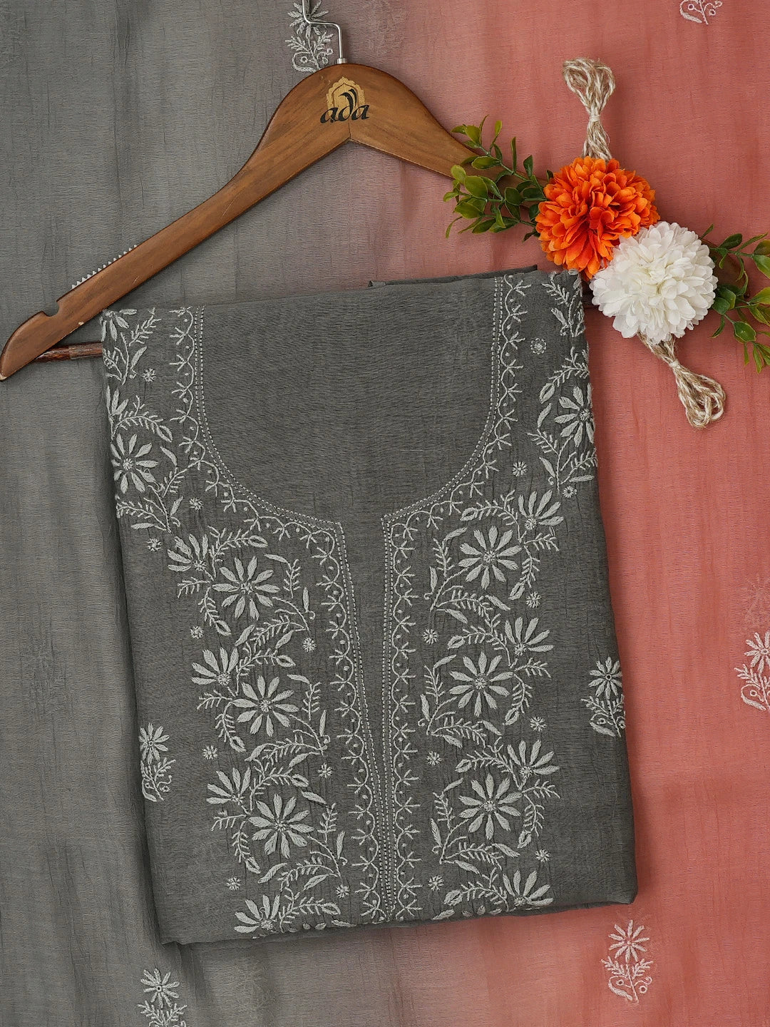 Ada Hand Embroidered Pyne's Gray Chanderi Lucknowi Chikankari Unstitched Kurta Dupatta Set 01A695074