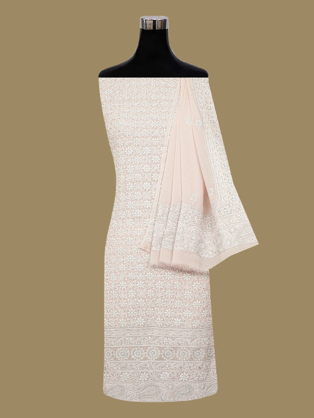 Ada Hand Embroidered Light Pink Pure Georgette Lucknowi Chikankari Unstitched Kurta Dupatta Set With Pearl Work A441022