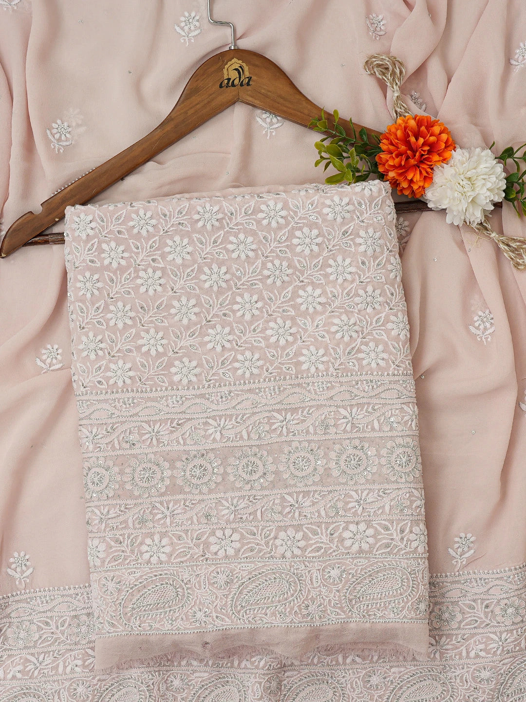 Ada Hand Embroidered Light Pink Pure Georgette Lucknowi Chikankari Unstitched Kurta Dupatta Set With Pearl Work A441022