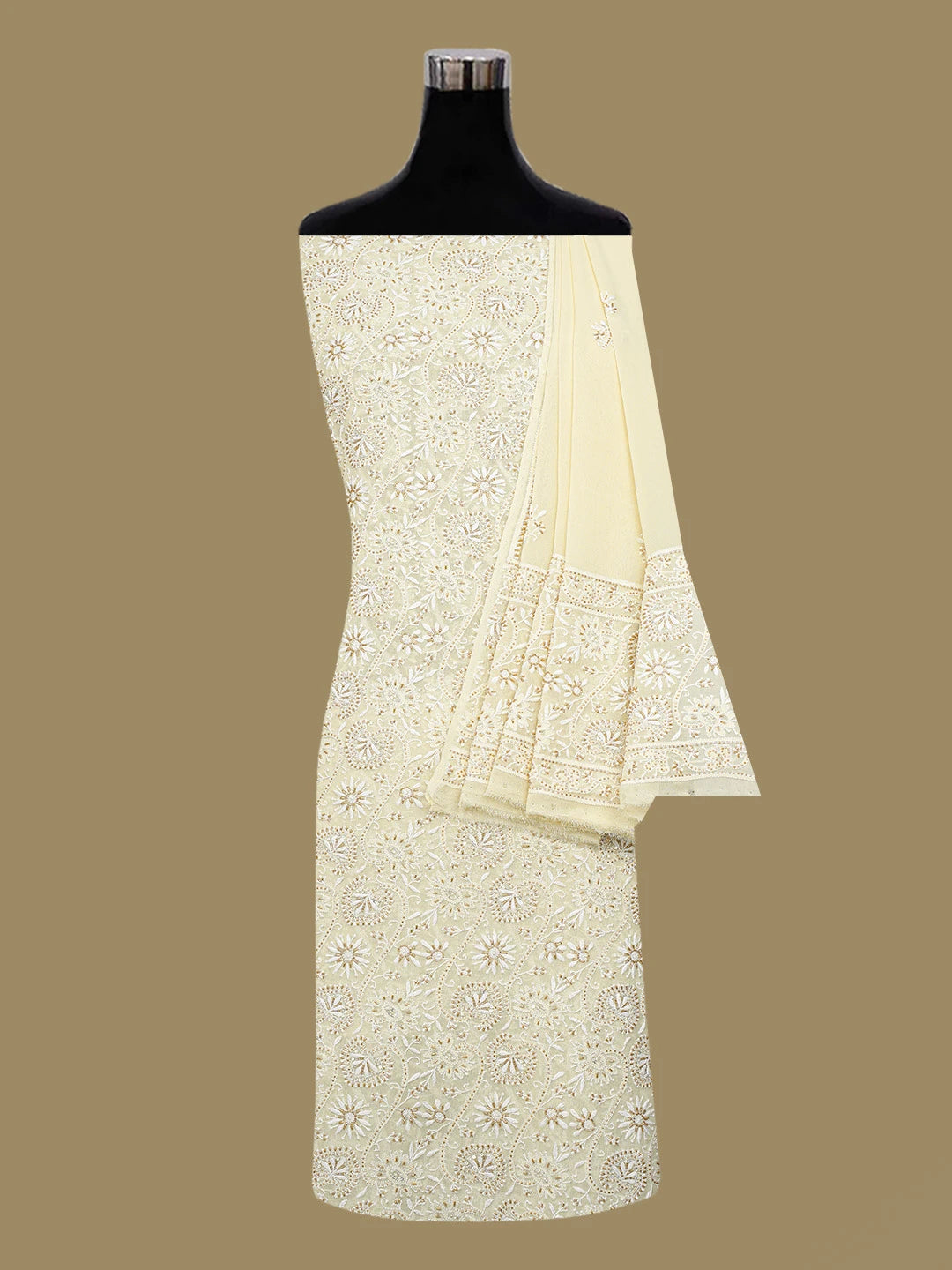 Ada Hand Embroidered Lemon Pure Georgette Lucknowi Chikankari Unstitched Kurta Dupatta Set With Cutdana Work A536363