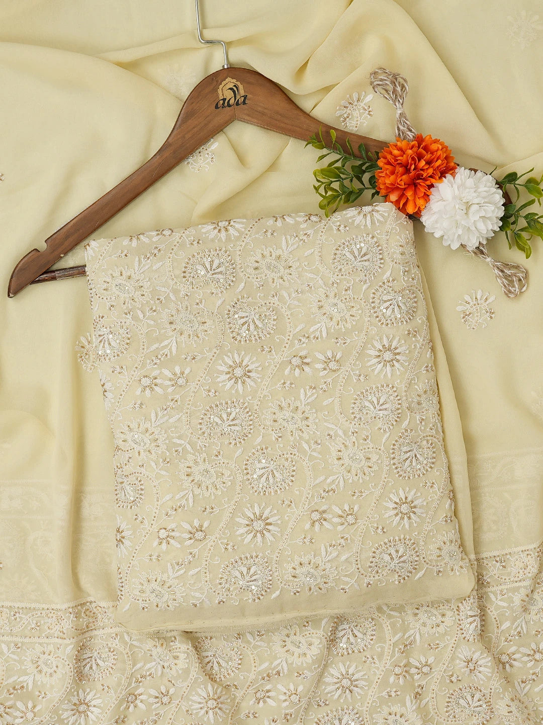 Ada Hand Embroidered Lemon Pure Georgette Lucknowi Chikankari Unstitched Kurta Dupatta Set With Cutdana Work A536363