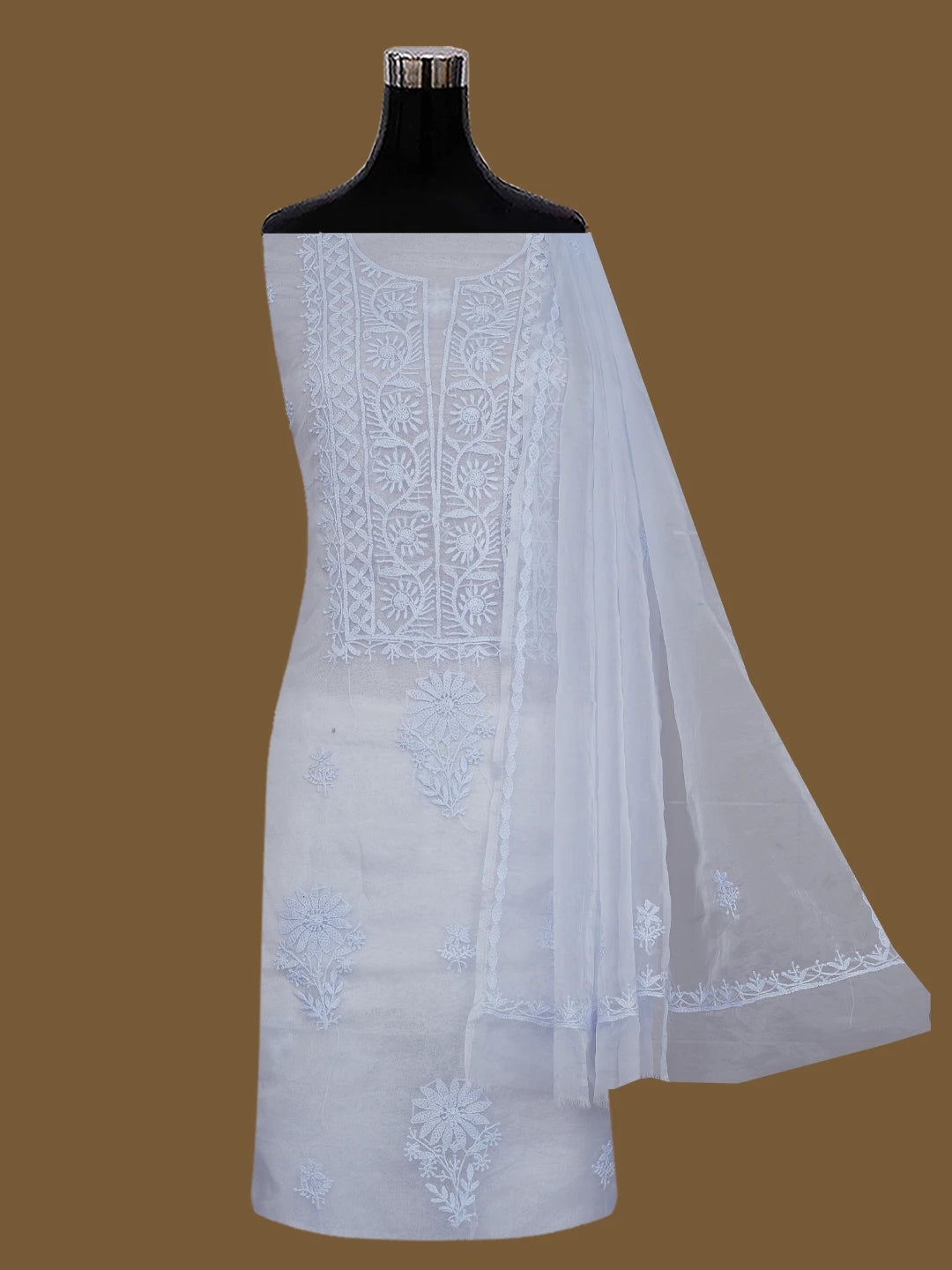 Ada Hand Embroidered Cadet Gray Organza Lucknowi Chikankari Unstitched Kurta Dupatta Set 01A705698