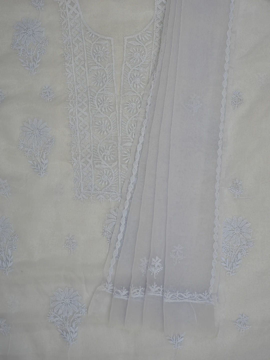 Ada Hand Embroidered Cadet Gray Organza Lucknowi Chikankari Unstitched Kurta Dupatta Set 01A705698