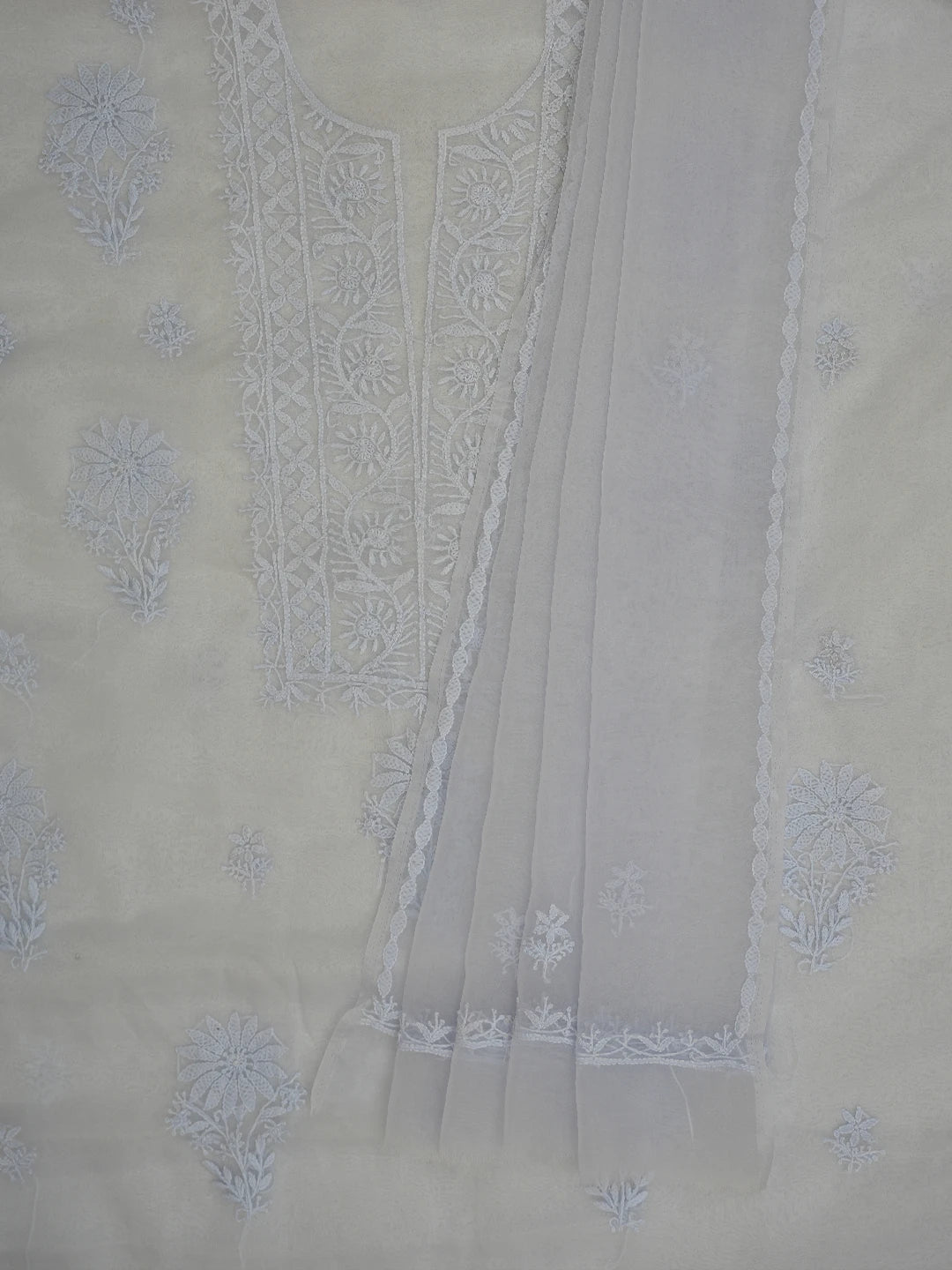 Ada Hand Embroidered Cadet Gray Organza Lucknowi Chikankari Unstitched Kurta Dupatta Set 01A705698