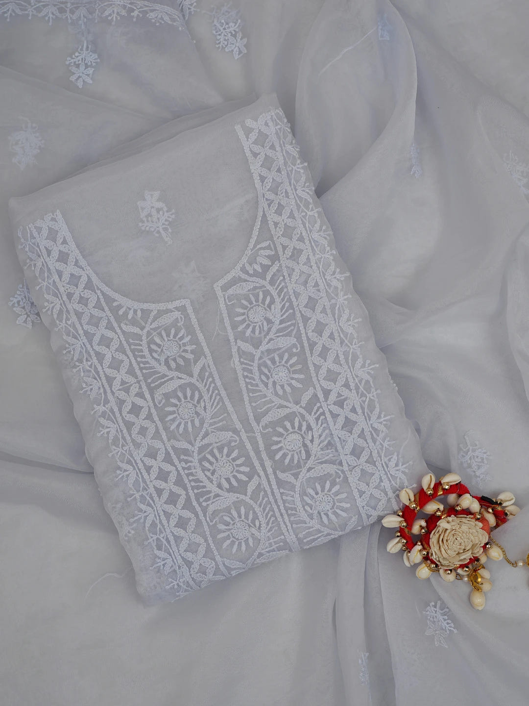 Ada Hand Embroidered Cadet Gray Organza Lucknowi Chikankari Unstitched Kurta Dupatta Set 01A705698