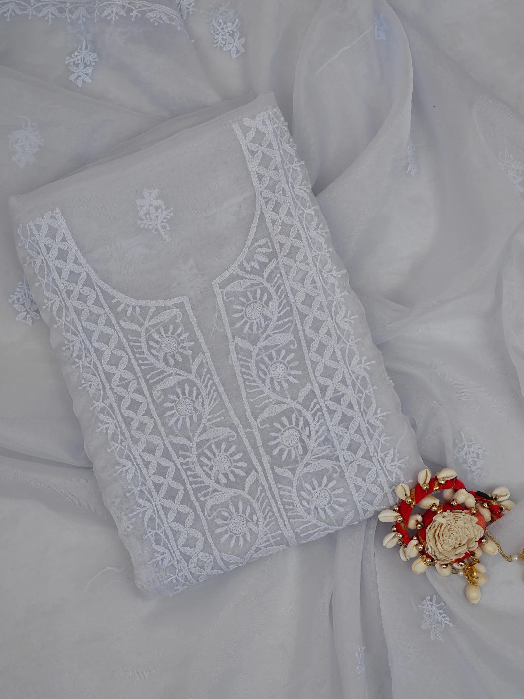 Ada Hand Embroidered Cadet Gray Organza Lucknowi Chikankari Unstitched Kurta Dupatta Set 01A705698