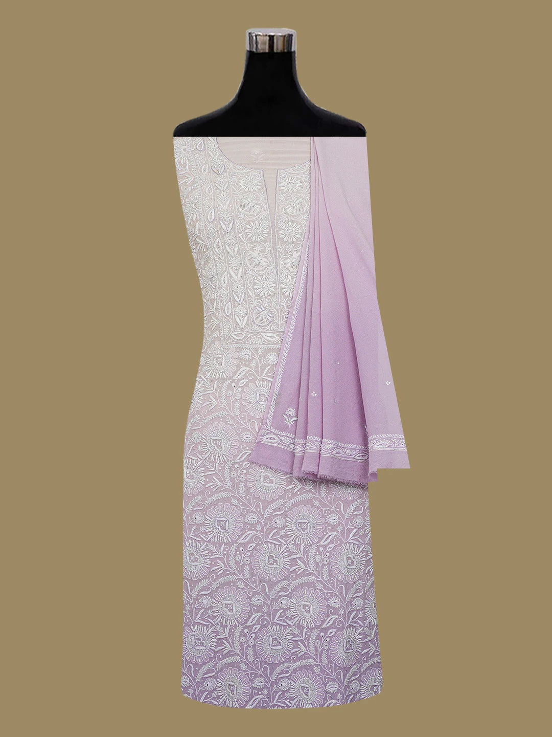 Ada Hand Embroidered Lavender Pure Georgette Lucknowi Chikankari Unstitched Kurta Dupatta Set With Cutdana Work 01A590640