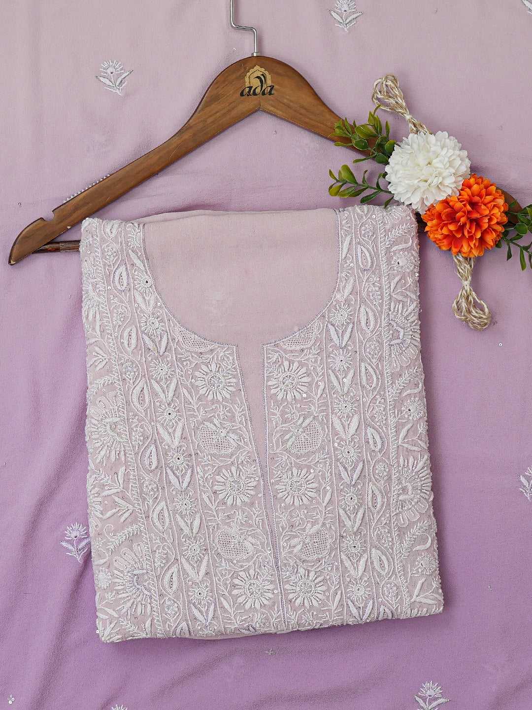 Ada Hand Embroidered Lavender Pure Georgette Lucknowi Chikankari Unstitched Kurta Dupatta Set With Cutdana Work 01A590640