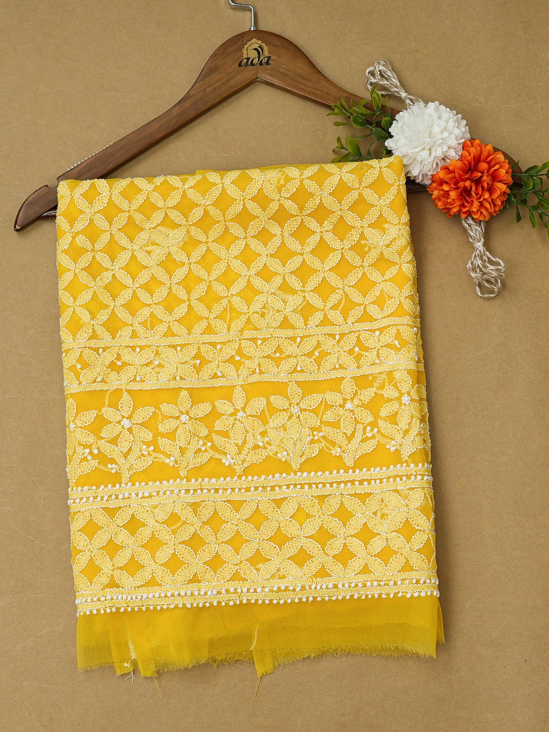 Ada Hand Embroidered Yellow Georgette Lucknowi Chikankari Unstitched Kurta Piece 01A715899