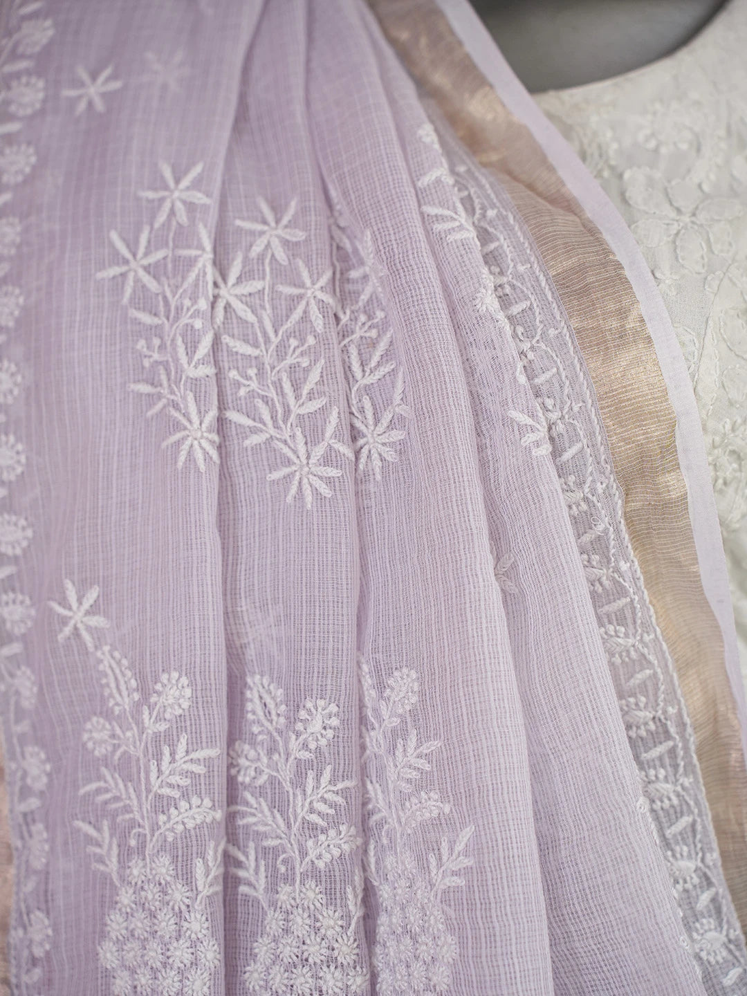 Ada Hand Embroidered Lavender Kota Lucknowi Chikankari Saree With Blouse 01A695705